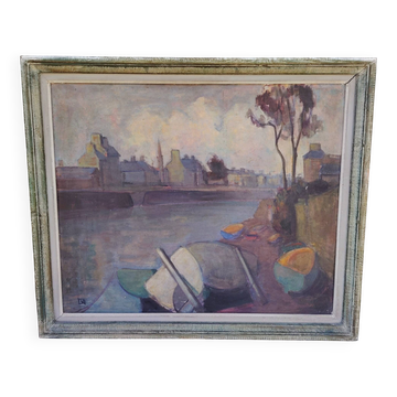 Tableau peinture gouache bord de rivière en Bretagne, vintage