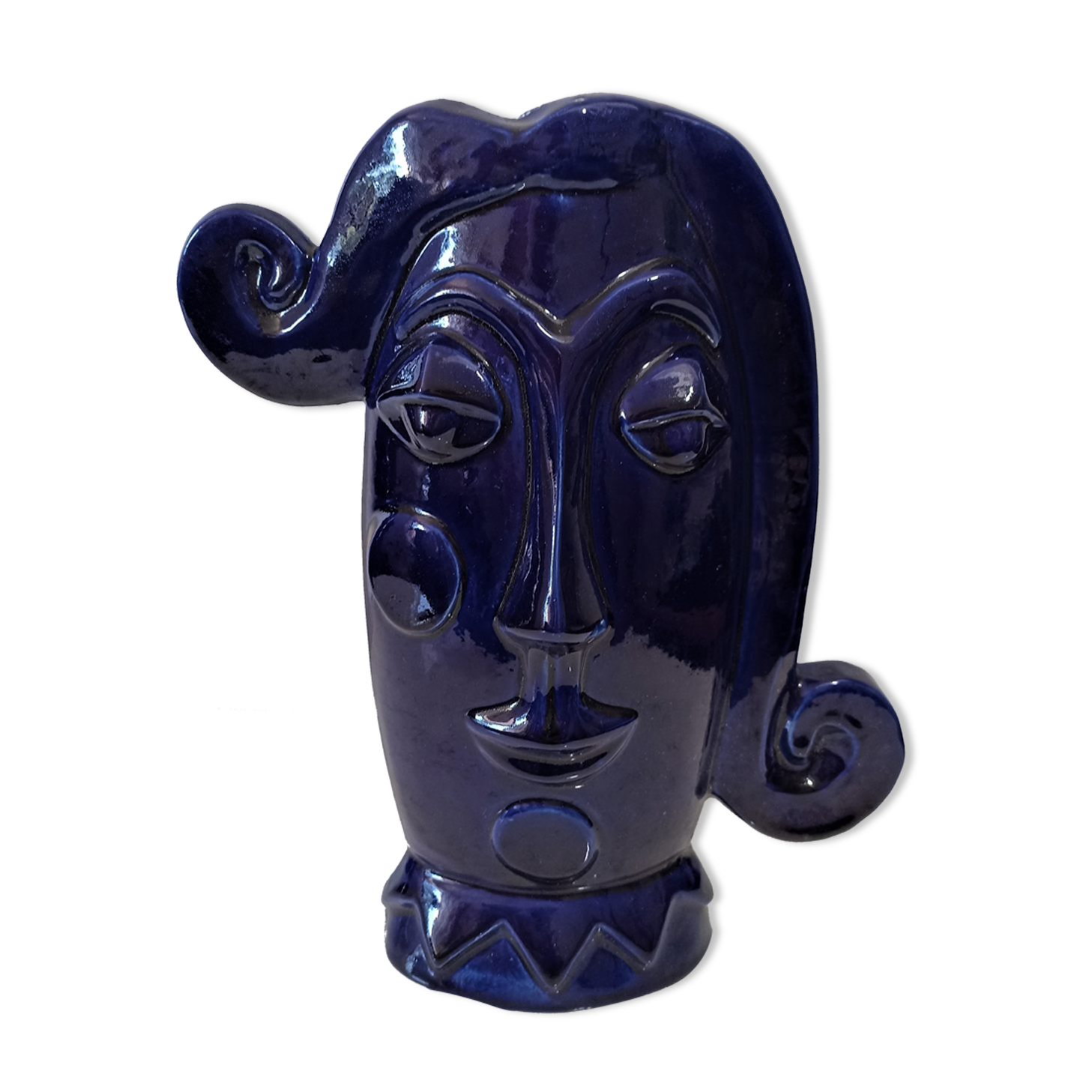 Vase face glazed earthenware blue design XXe Sandra Corina Paris