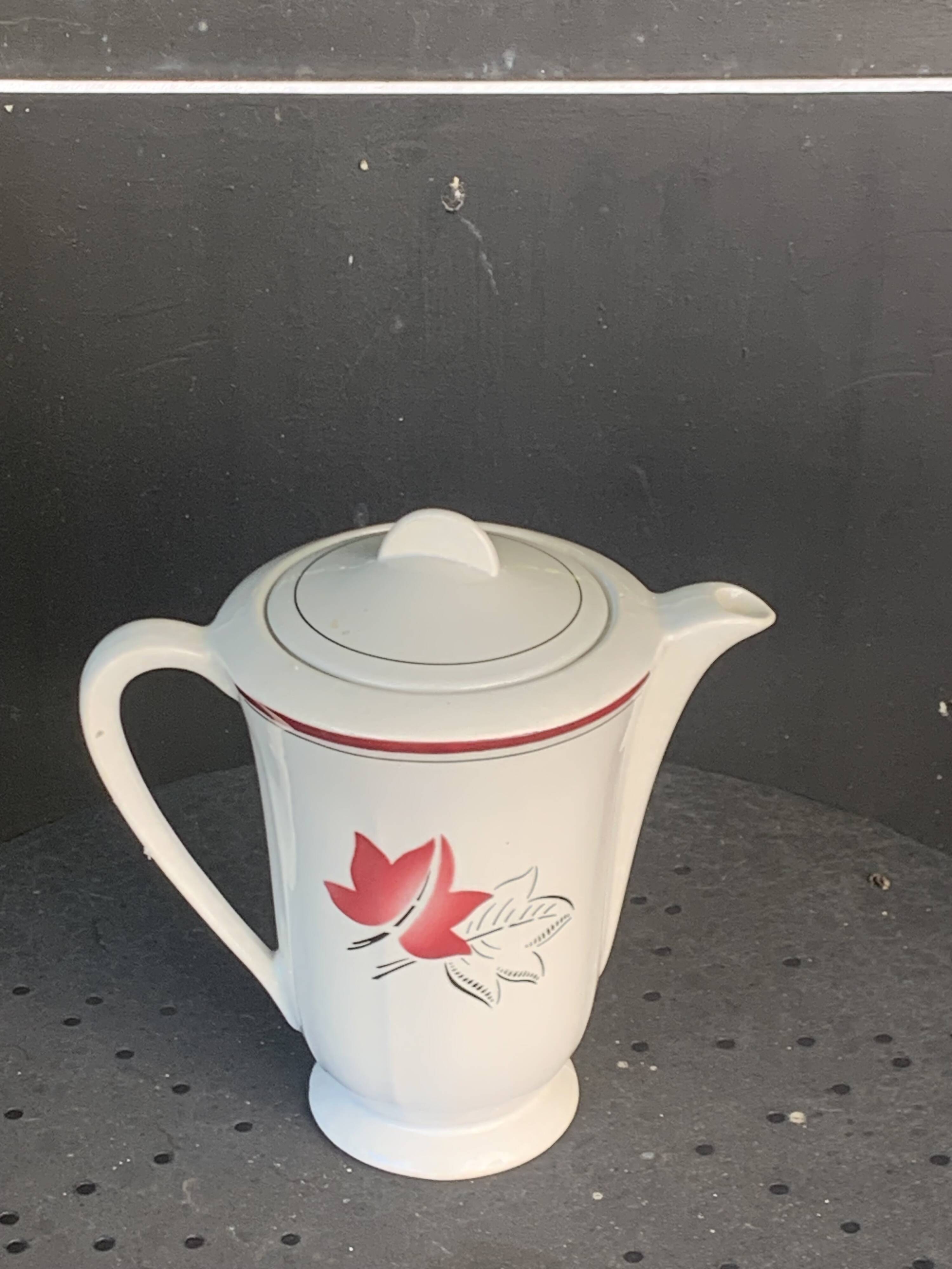 White earthenware coffee pot with red leaf decoration, art deco