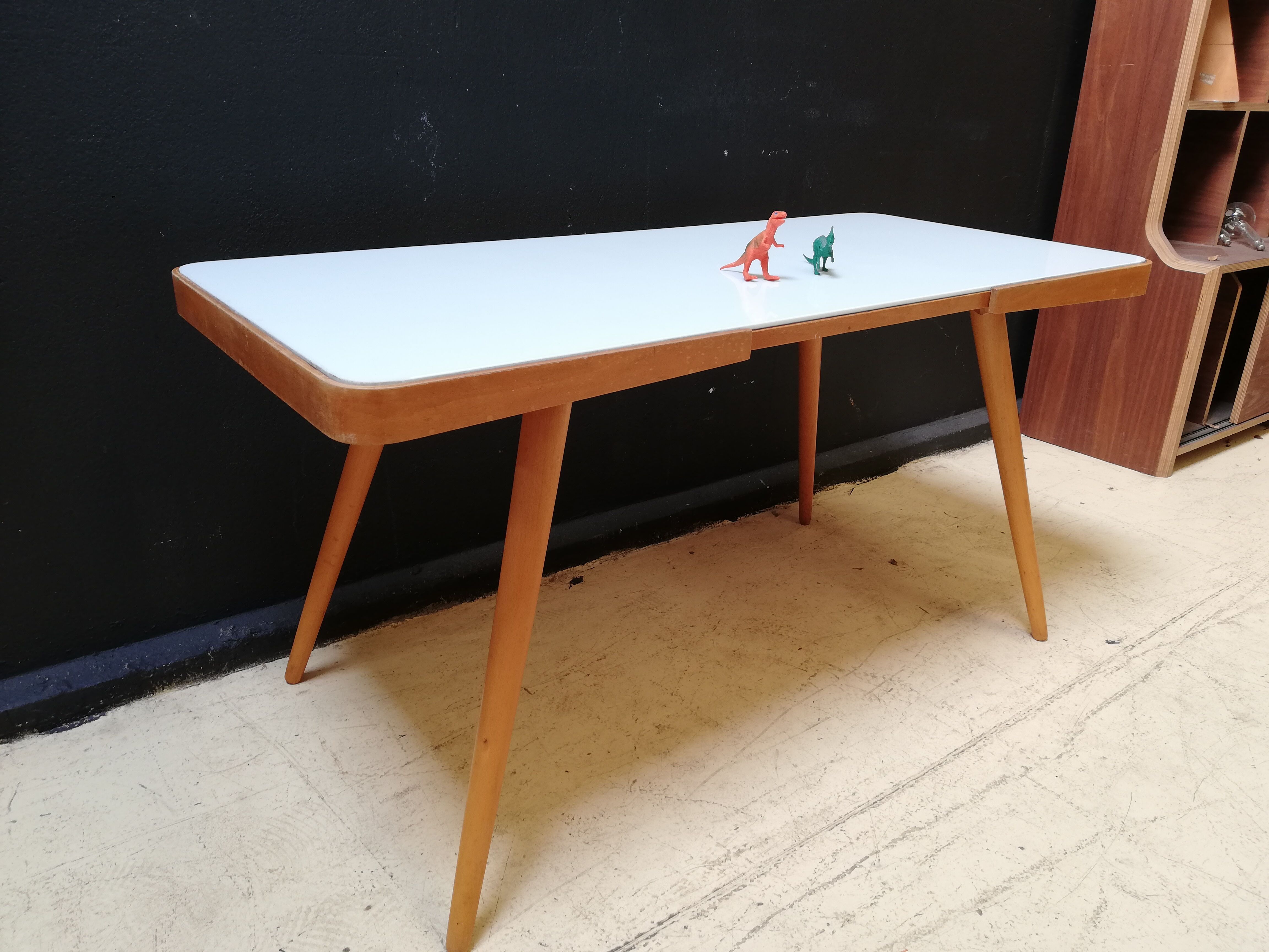 Wooden coffee table, children's desk glass top, interier praha, 1960, Czechoslovakia