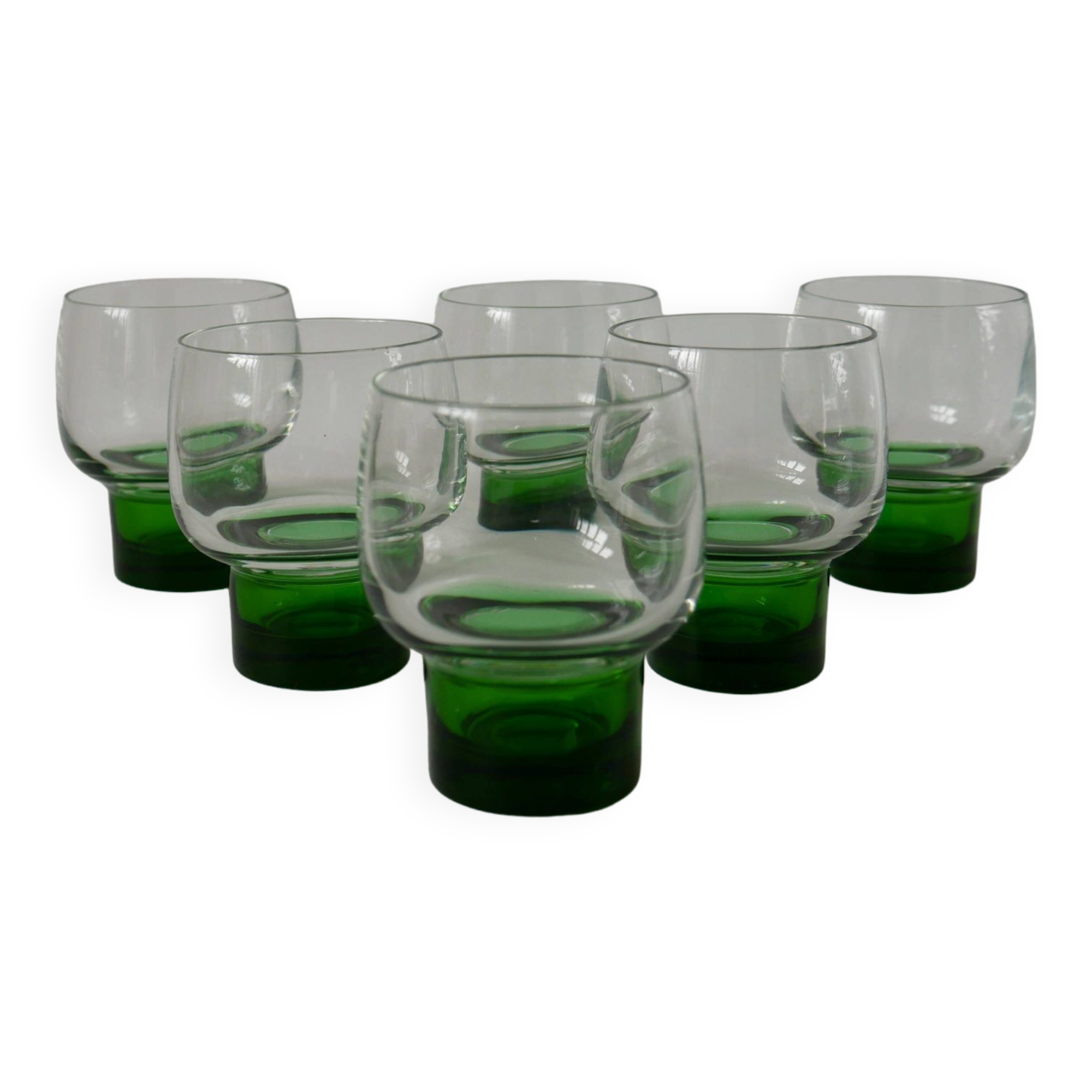 Set of 6 designer wine glasses with green feet from the 70s