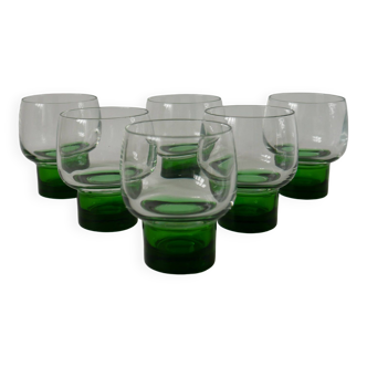 Set of 6 designer wine glasses with green feet from the 70s
