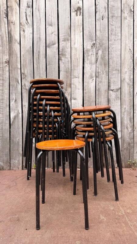 Vintage black wooden and metal stool, 1970s.