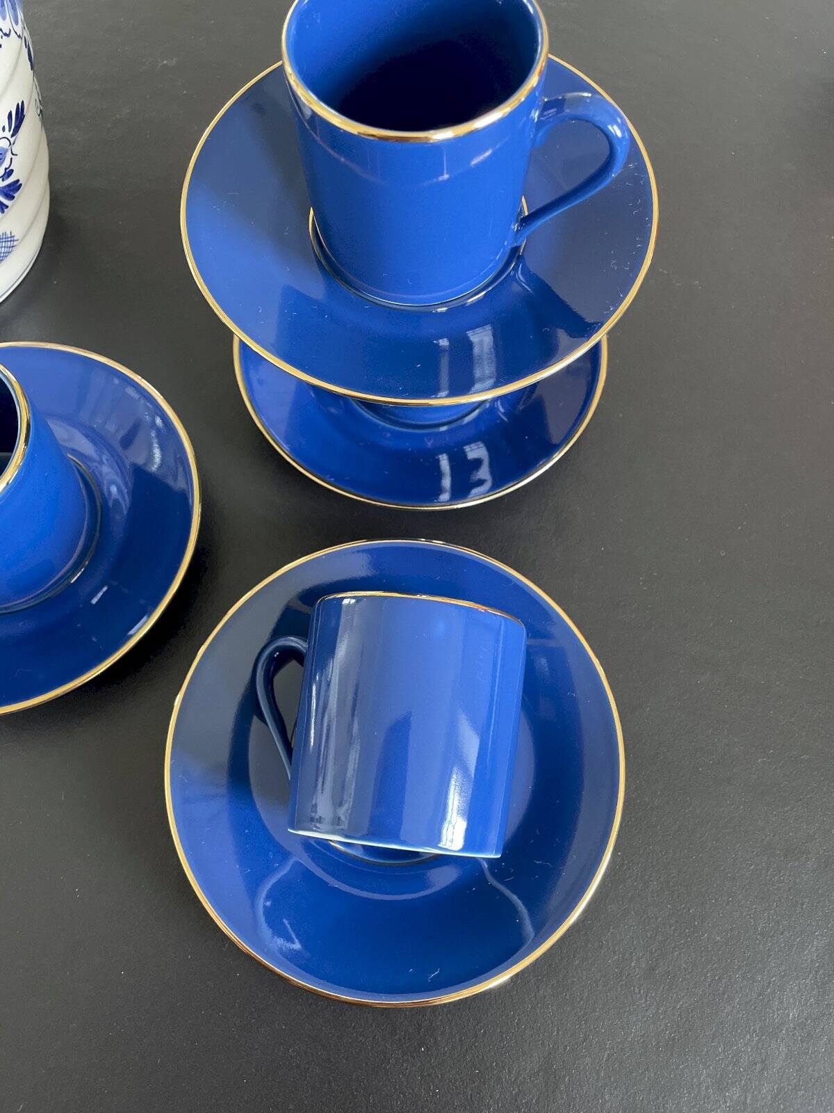 Set of 4 Guy Degrenne blue cups and saucers