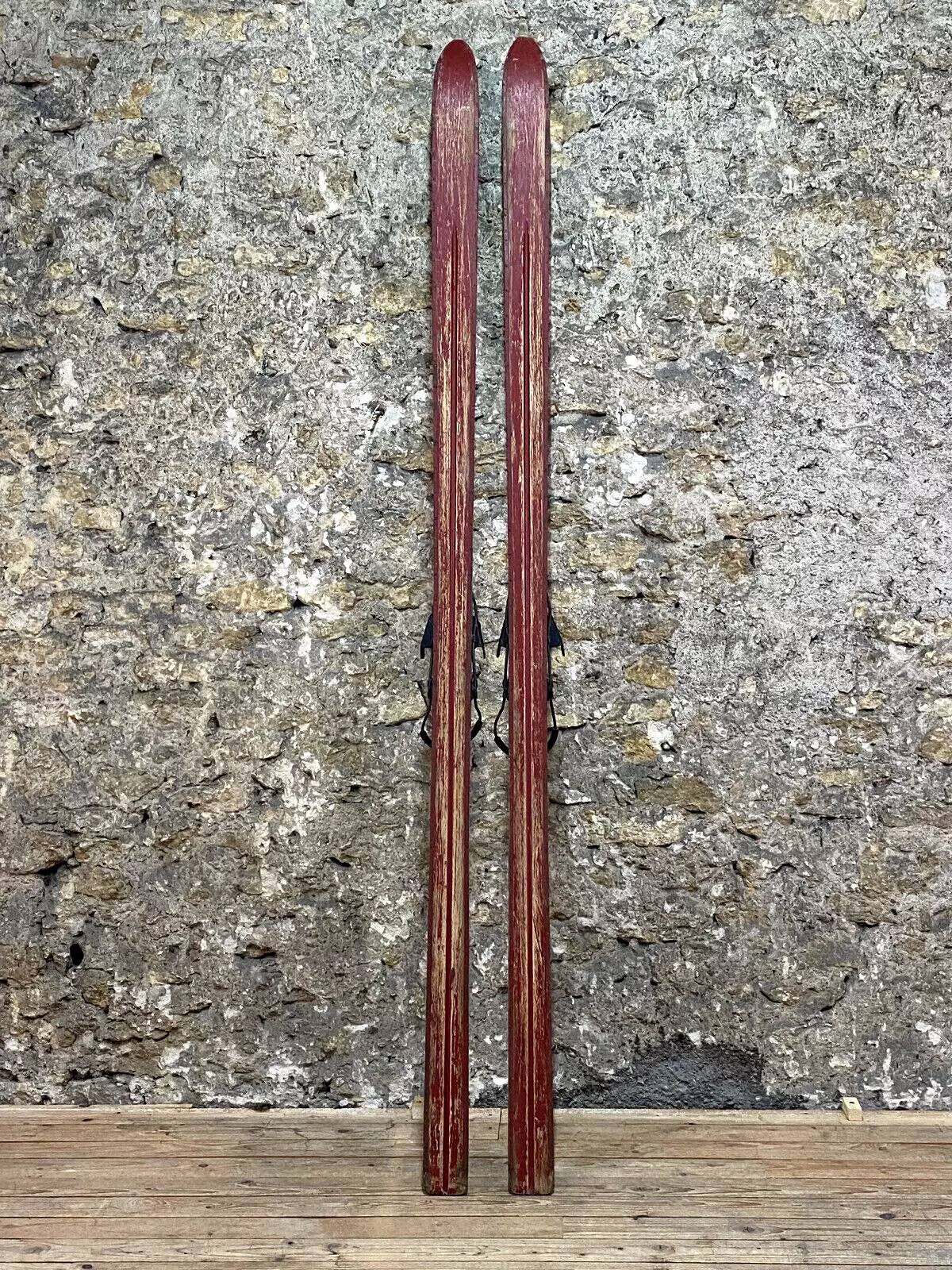 Old Pair of Vintage Blue & White Wooden Skis Mountain Chalet Decor - 218 cm