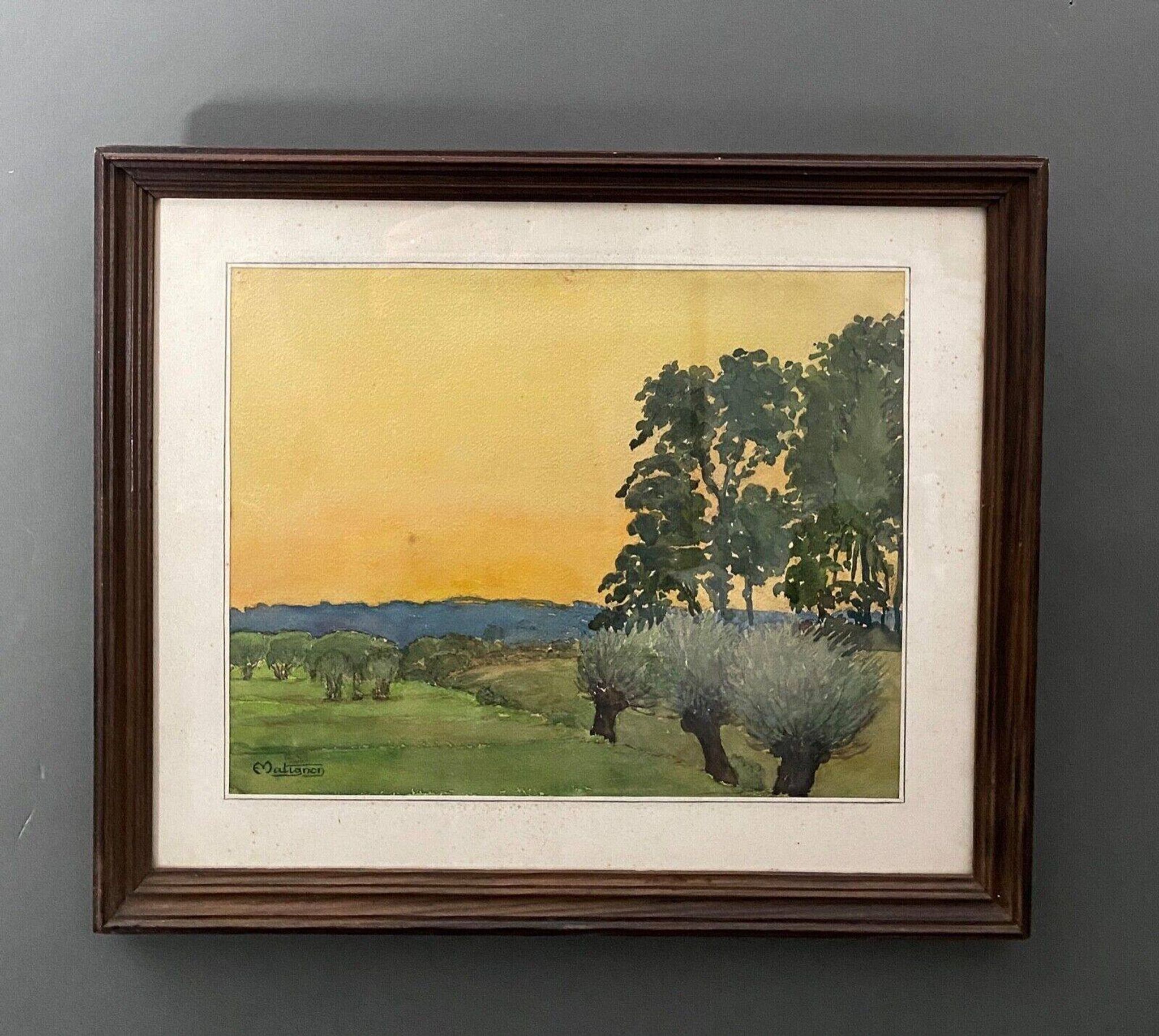 Watercolor rural landscape by Matignon 20th wooden frame