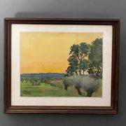 Watercolor rural landscape by Matignon 20th wooden frame