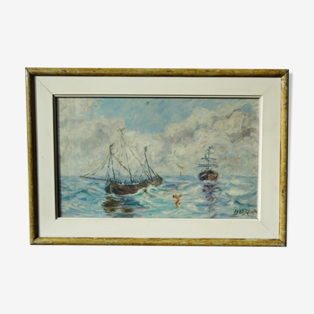 Ancien tableau Marine Navire en mer