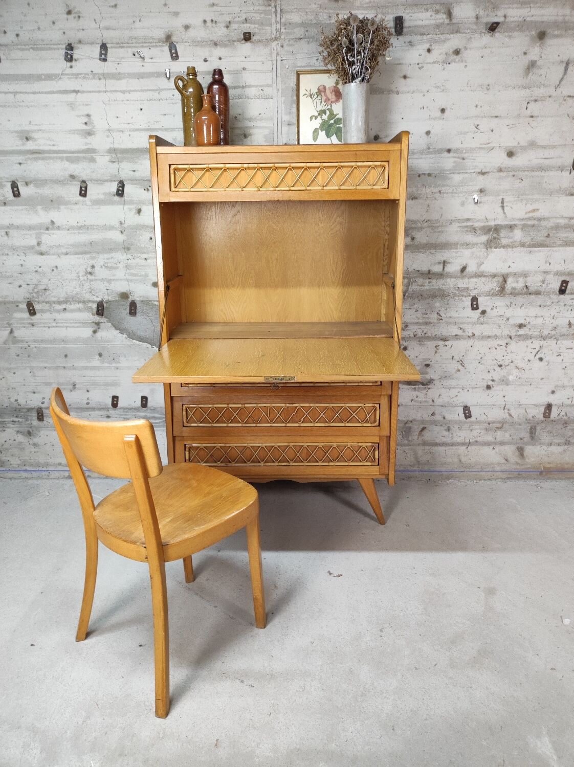 Vintage wood and rattan secretary