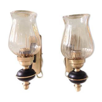 Pair of brushed brass sconces and amber/vintage glass 50s-60s