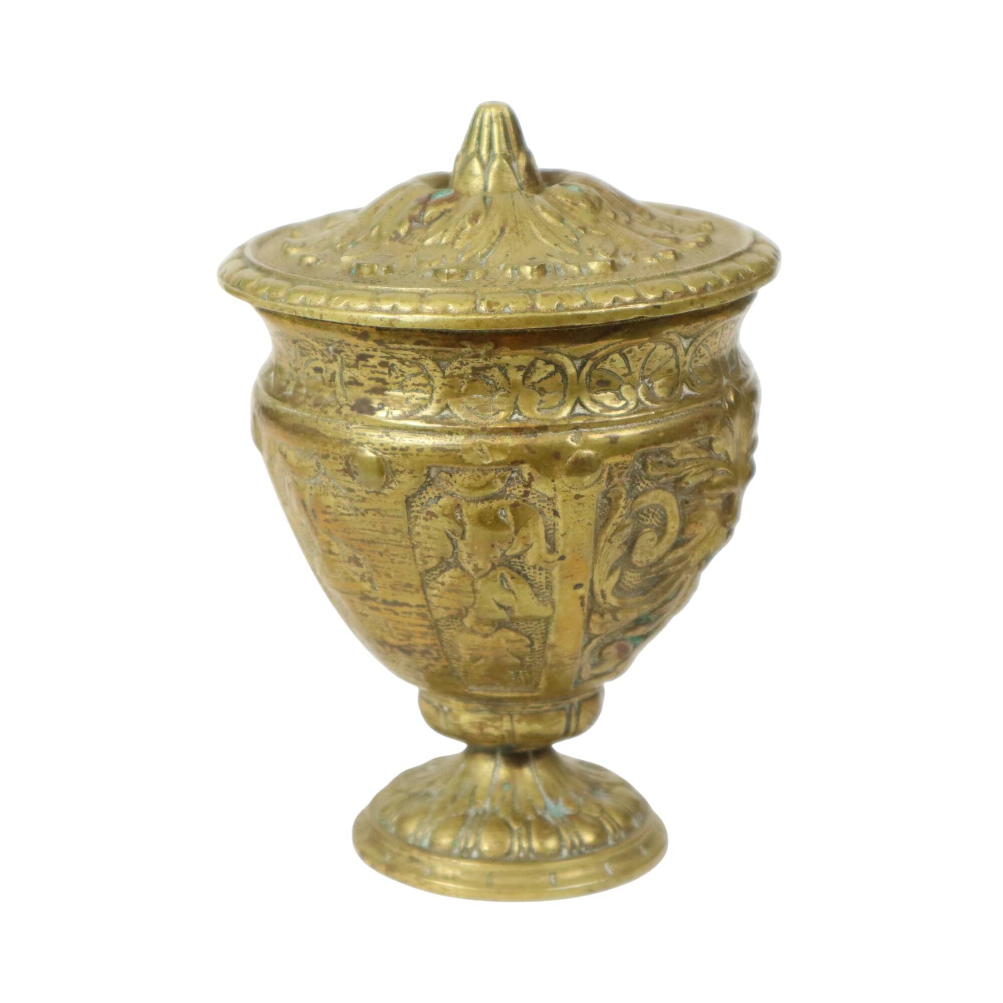 Old Brass Cup Goblet with Lid Mythical Figure 14cm