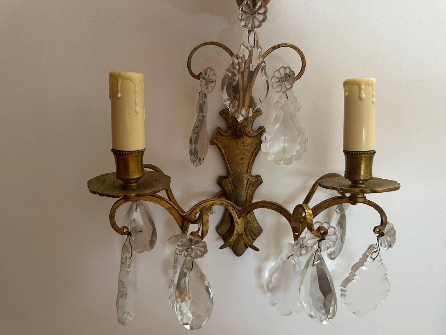 2 vintage bronze wall lights with pendants