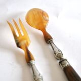 Antique horn salad cutlery – shell decoration 1900