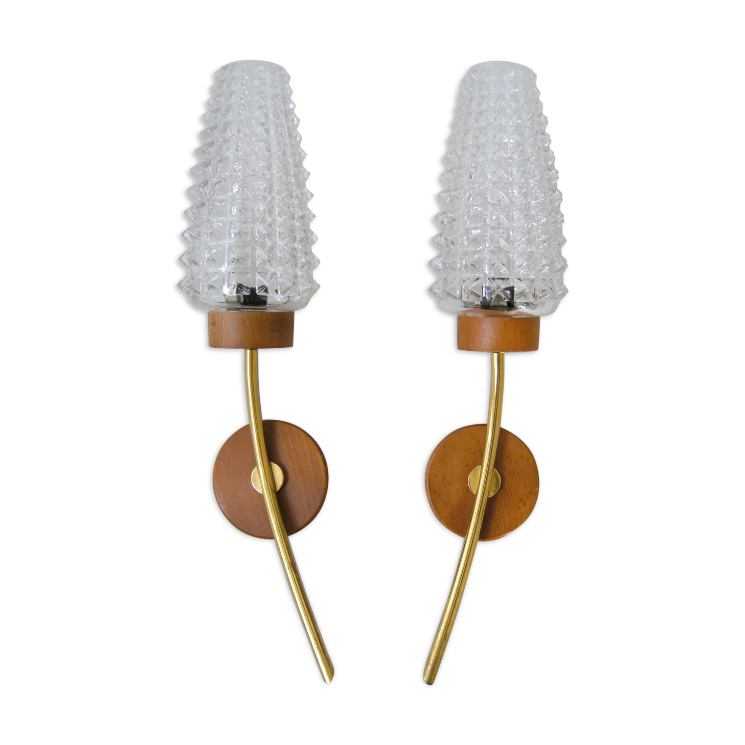 Pair of vintage wall lamps 1960 brass wood & glass
