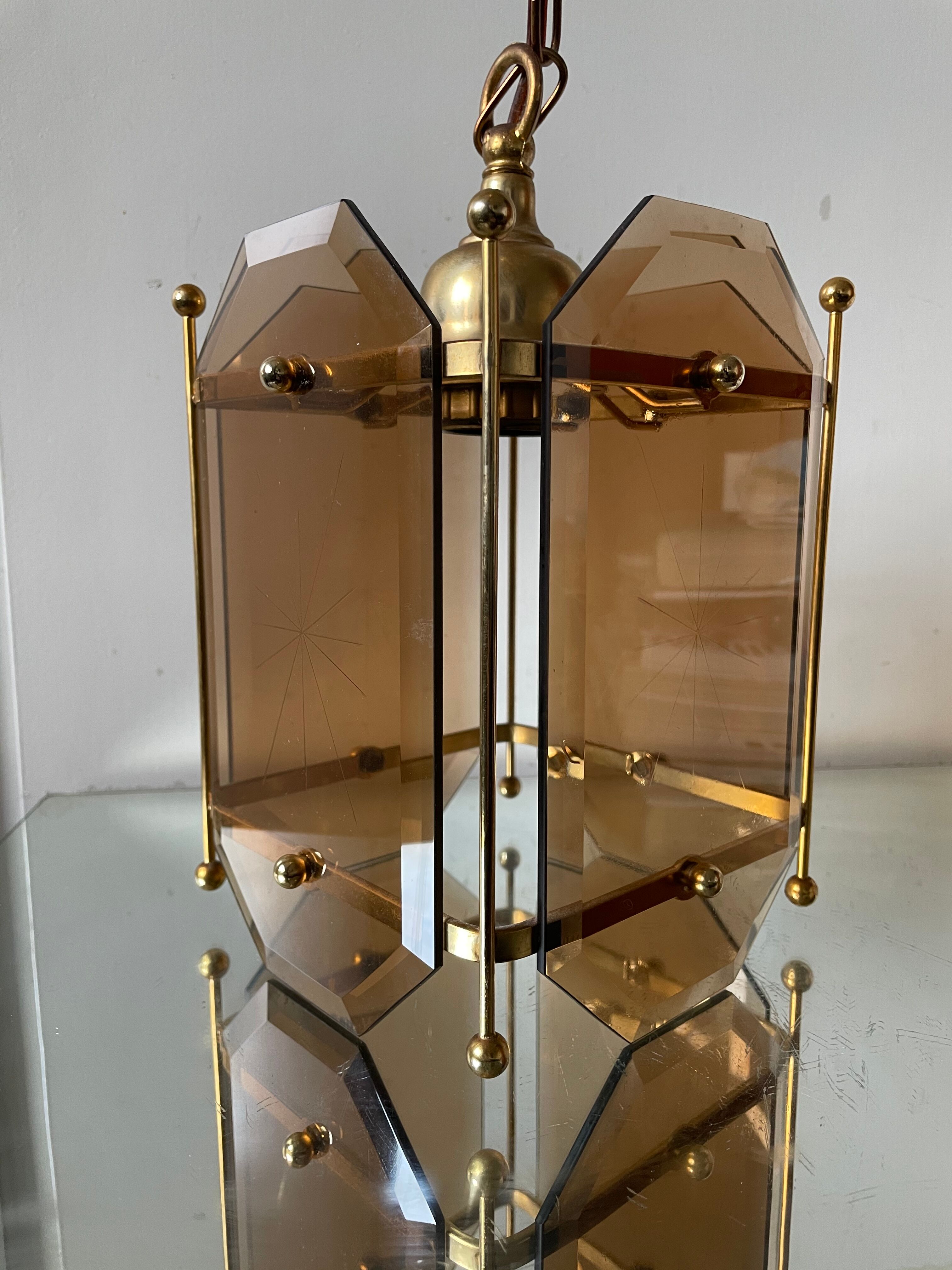 Scandinavian vintage lamp in brass & amber colored glass