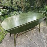 Large vintage oval drop leaf table in green lacquered bamboo rattan 158/106