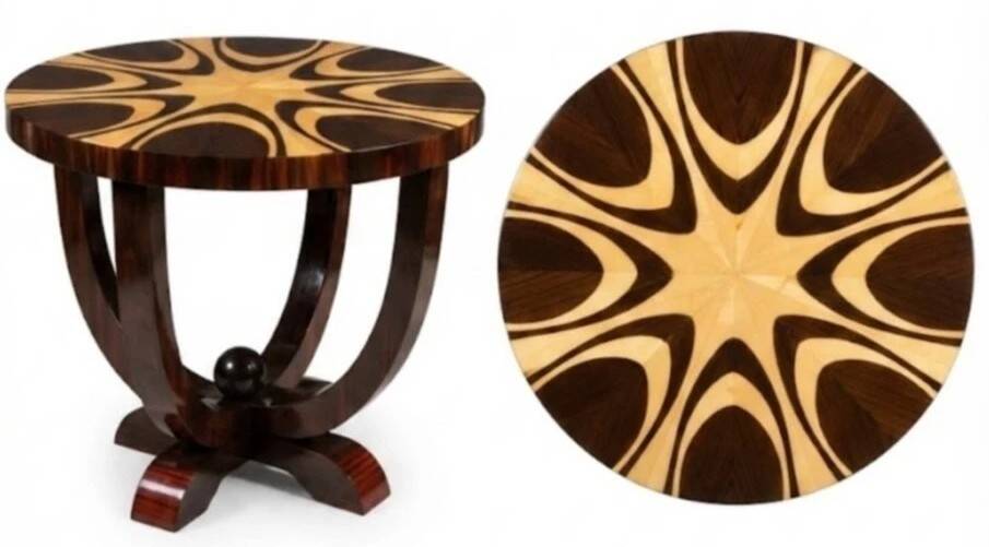A round Art Deco table made of beech wood, rosewood & elm burl.
