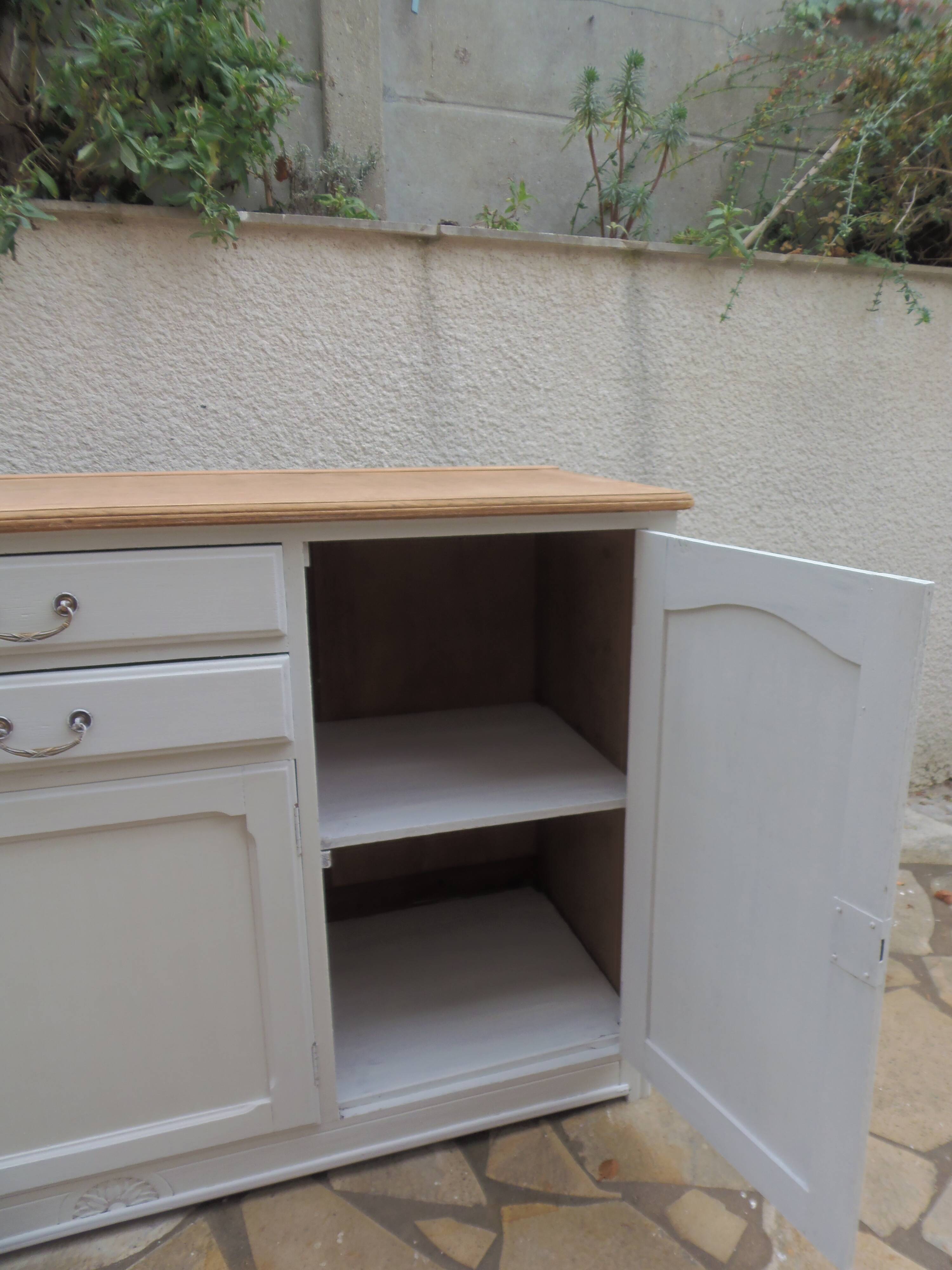 Vintage sideboard in pearl grey patinated oak, wooden top.