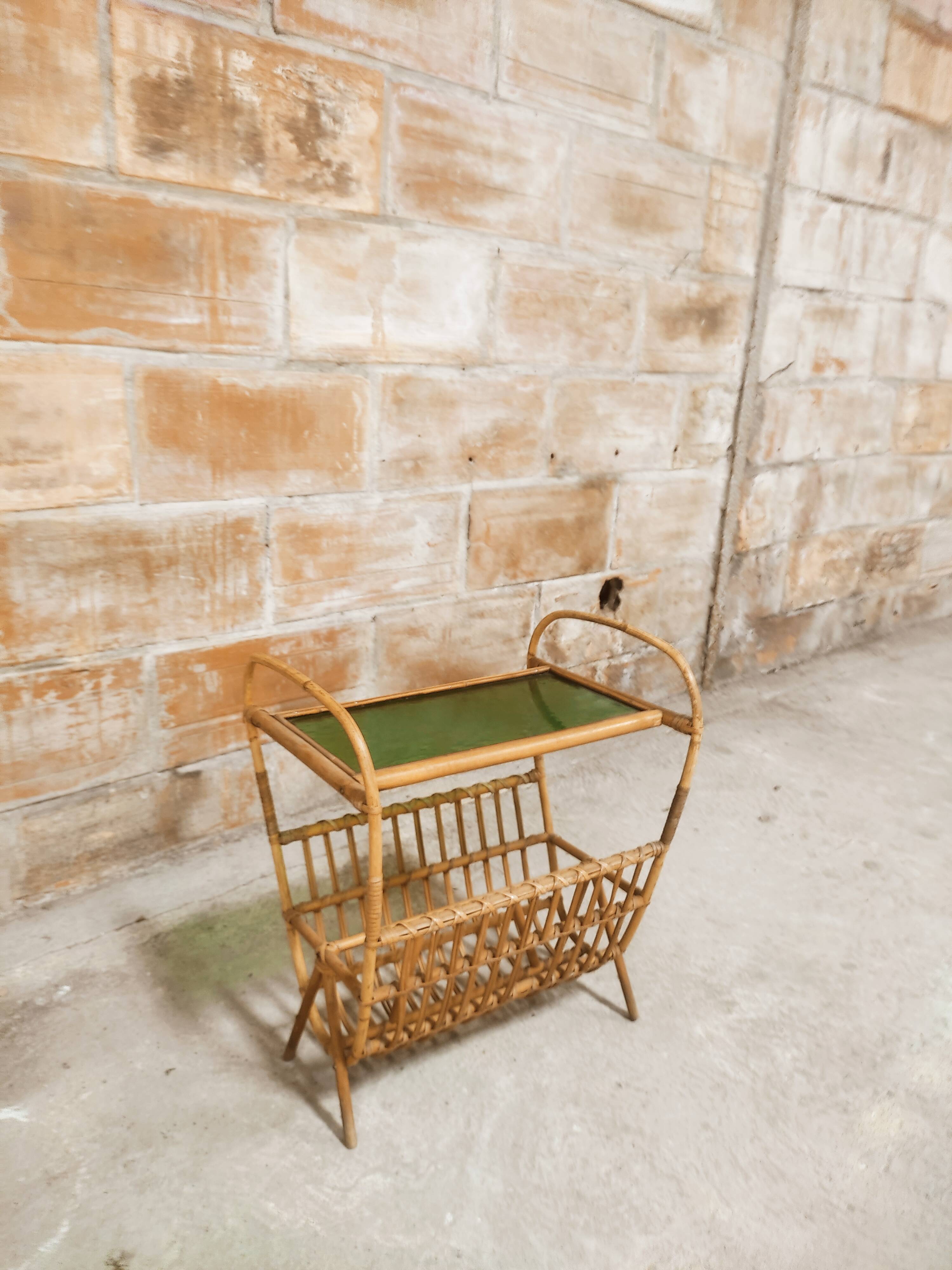 Rattan magazine holder, glass top