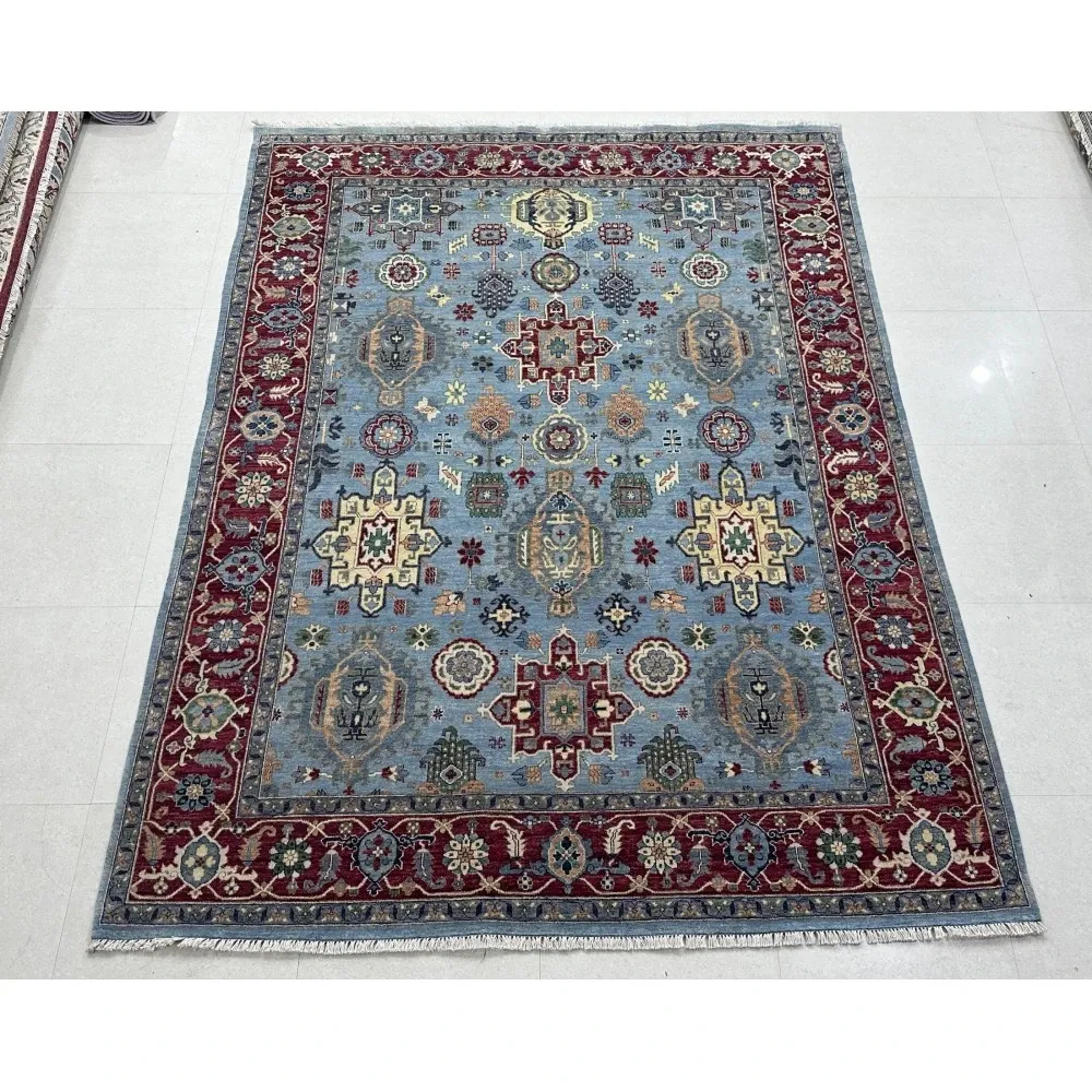 Hand-Knotted Wool Area Rug, Modern Floral Design Blue Carpet for Living Room