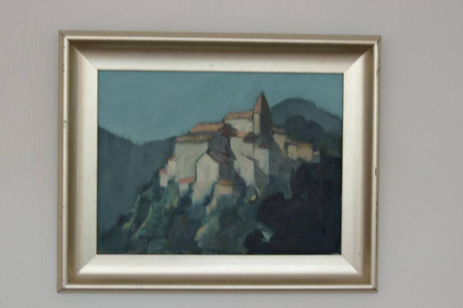 Mid Century Swedish Oil on Canvas “Village Motif” by Bengt Hillgrund