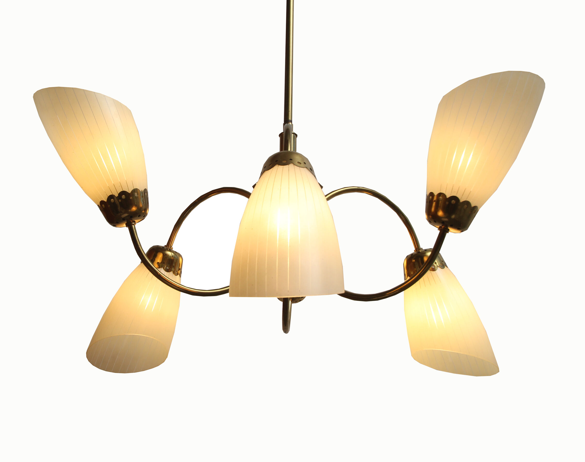 1950s chandelier in brass and glass