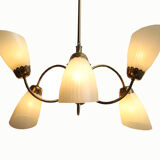 1950s chandelier in brass and glass