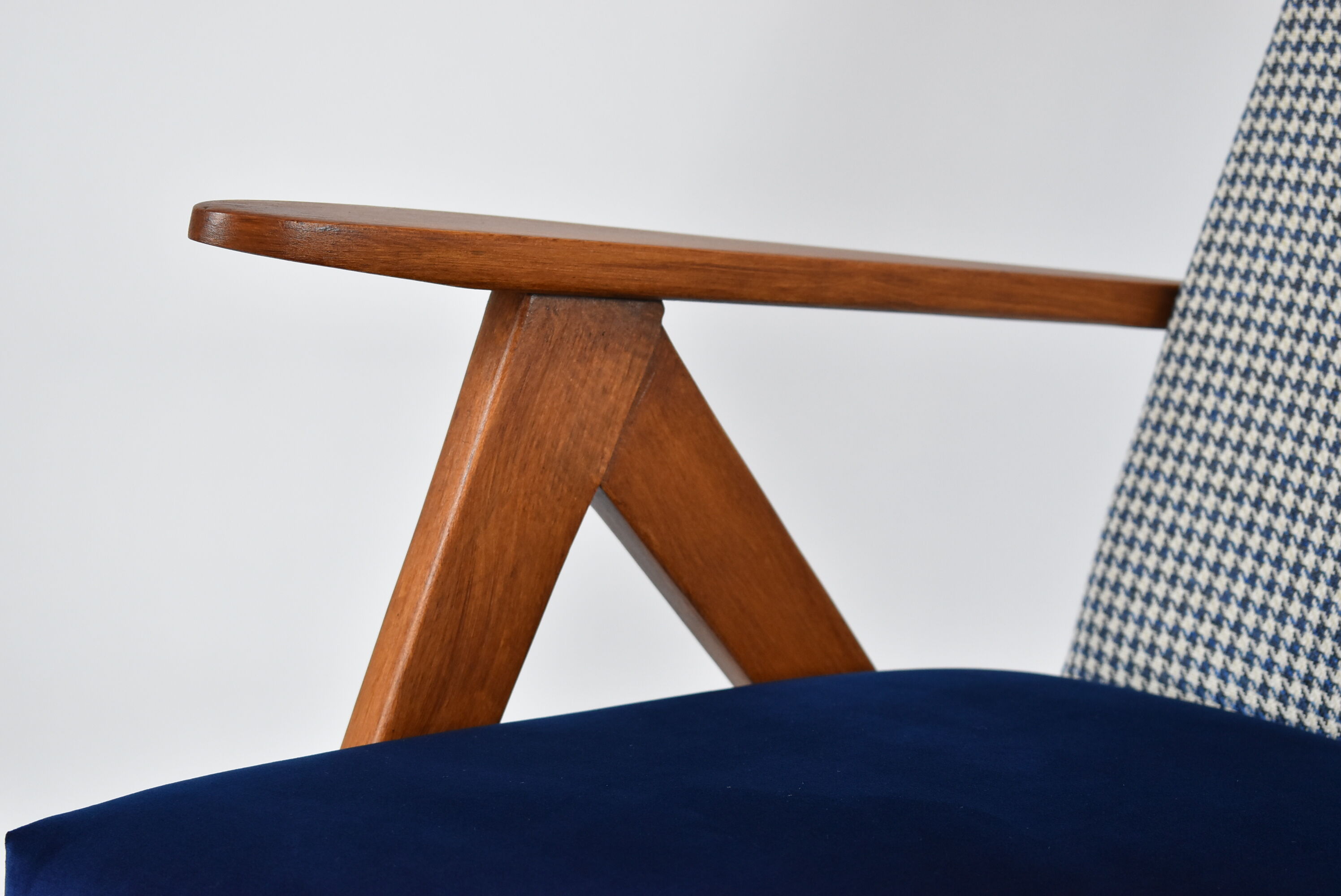 Vintage velvet armchair 1960s, fully restored, poule fabric, refubrished