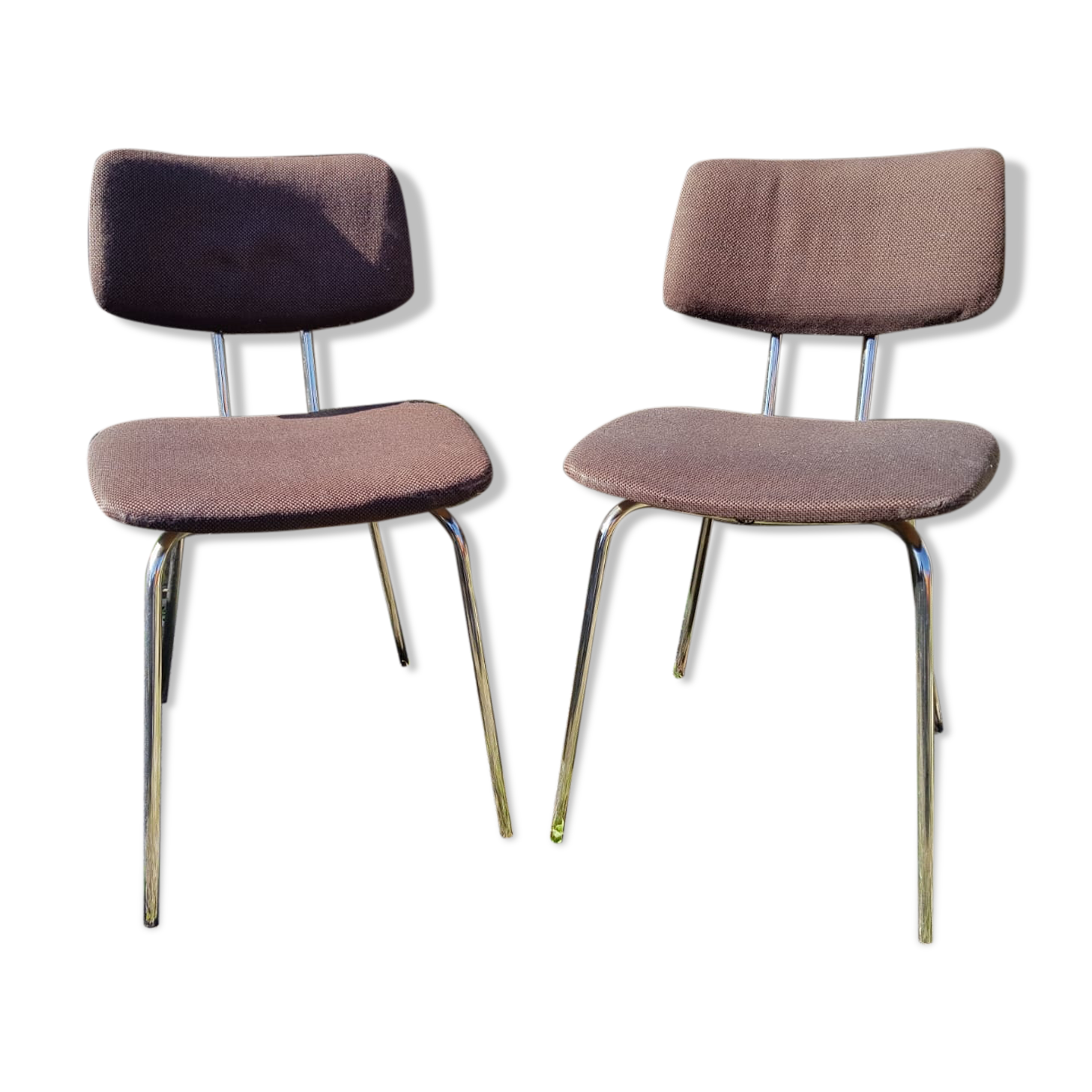 Pair old metal chair chromé - vintage 70s brown fabric