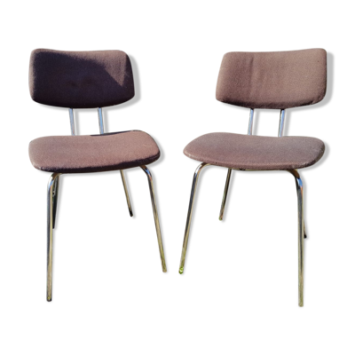 Paire ancienne chaise métal chromé et tissu marron années 70 vintage
