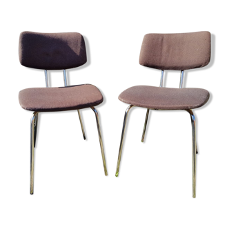 Pair old metal chair chromé - vintage 70s brown fabric