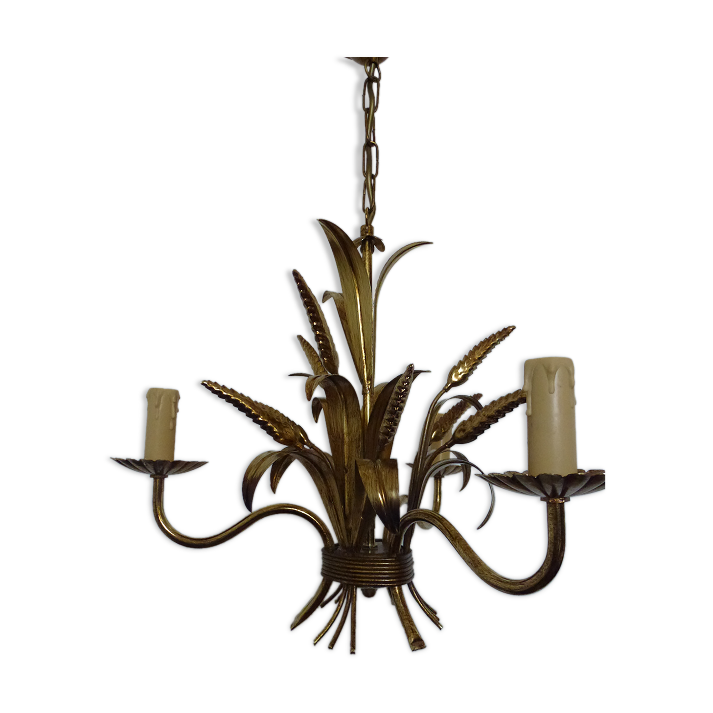 Wheat cob chandelier of the Masca House, gilded aged, 3 fires, 70s/80s