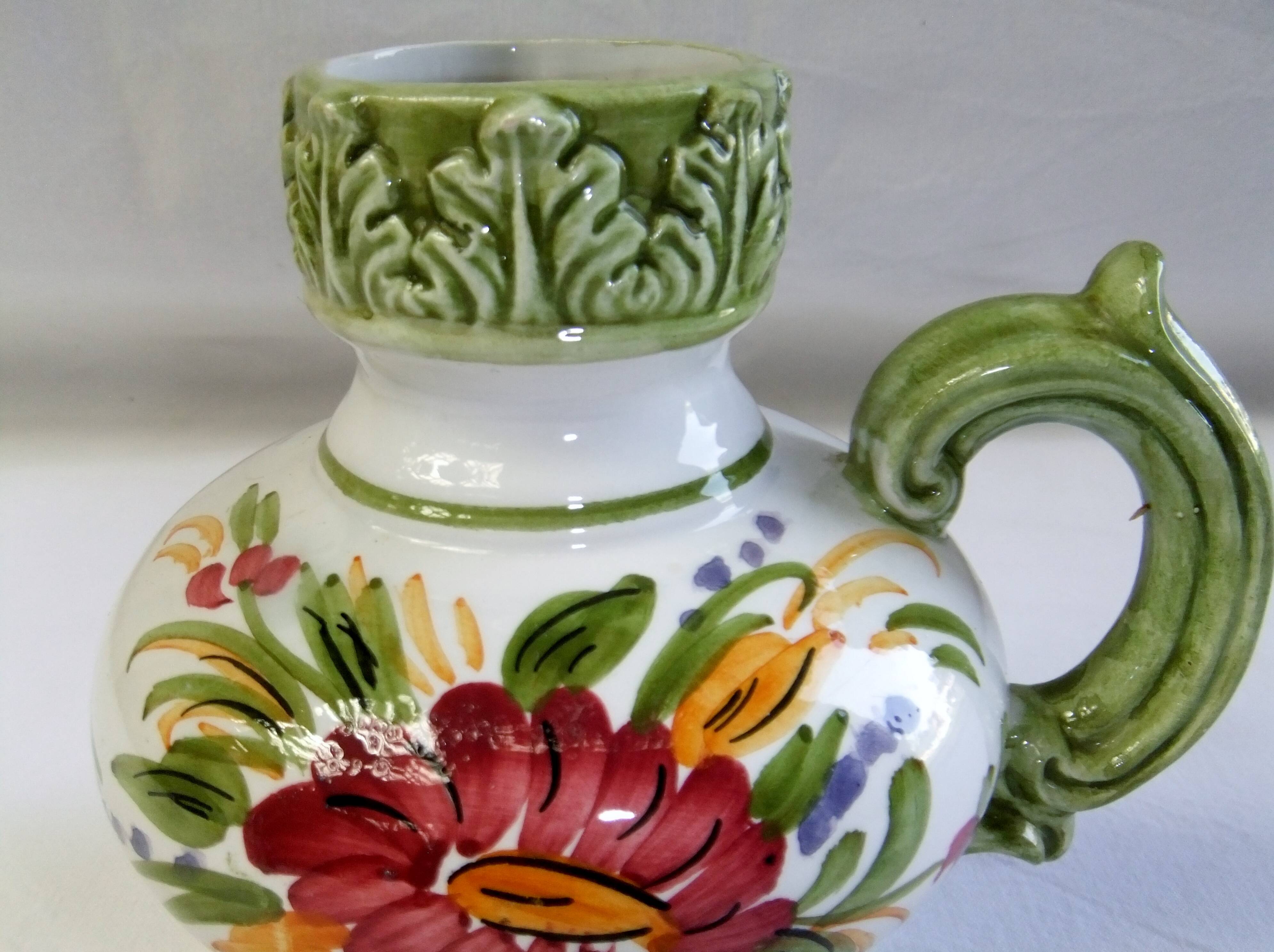 Vintage ceramic slip vase V Bassano pitcher decorated with porcelain flowers