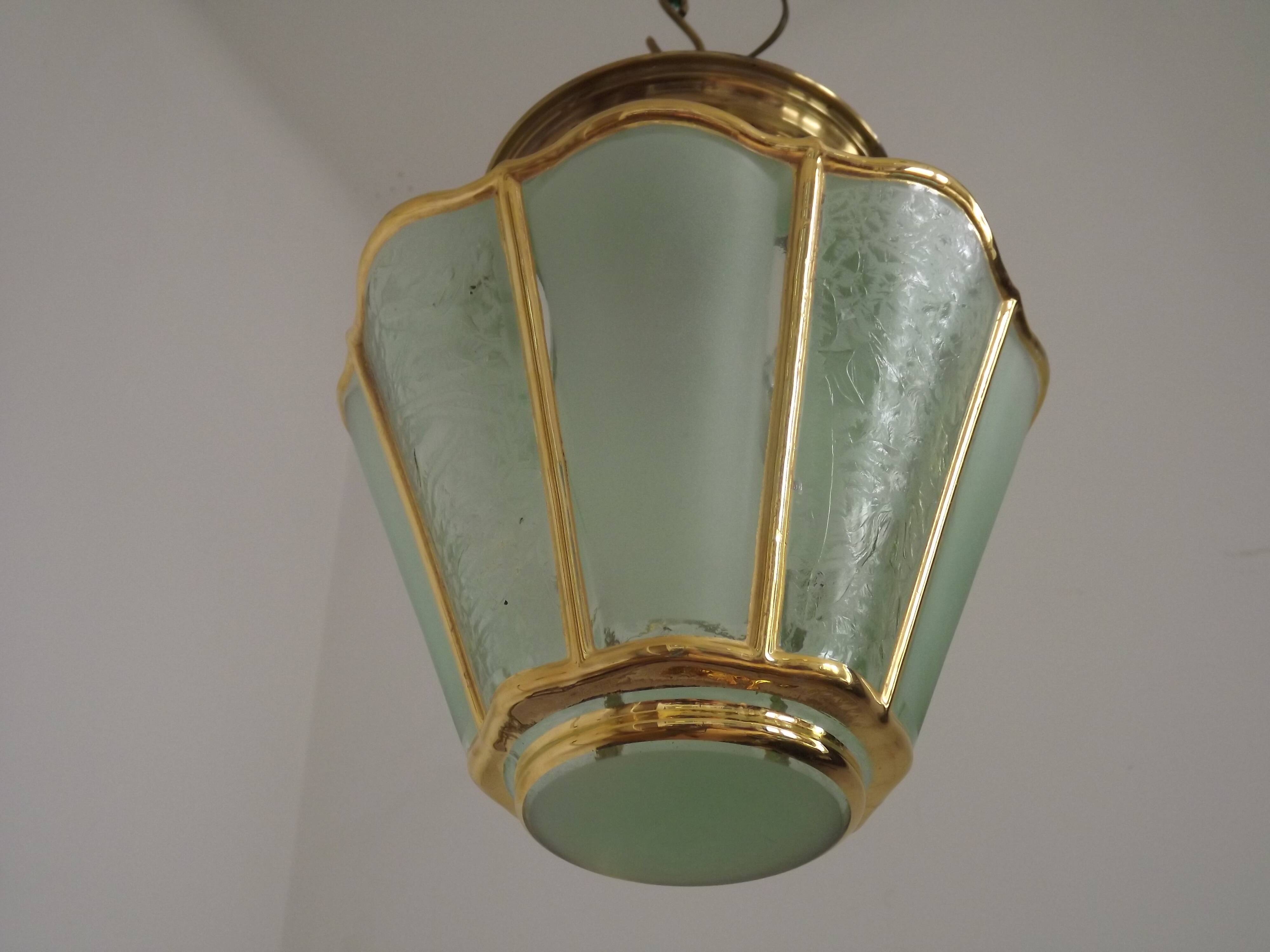 French Vintage Art Deco Glass Ceiling Light Green Frosted & Patterned Glass