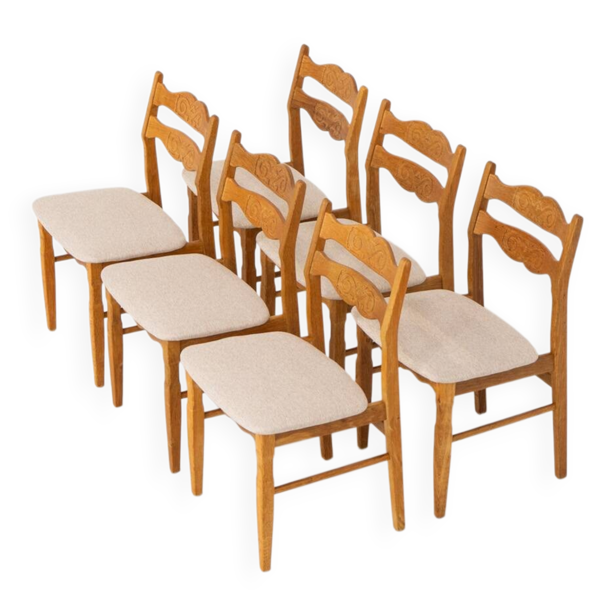 Ensemble de 6 chaises brutalistes en chêne par Henning Kjaernulf