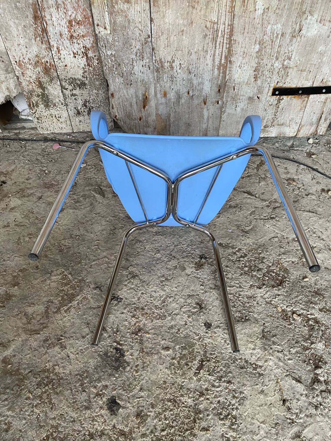 ACTA JIM Chair Design Chrome Metal + Vintage Light Blue Plastic Shell
