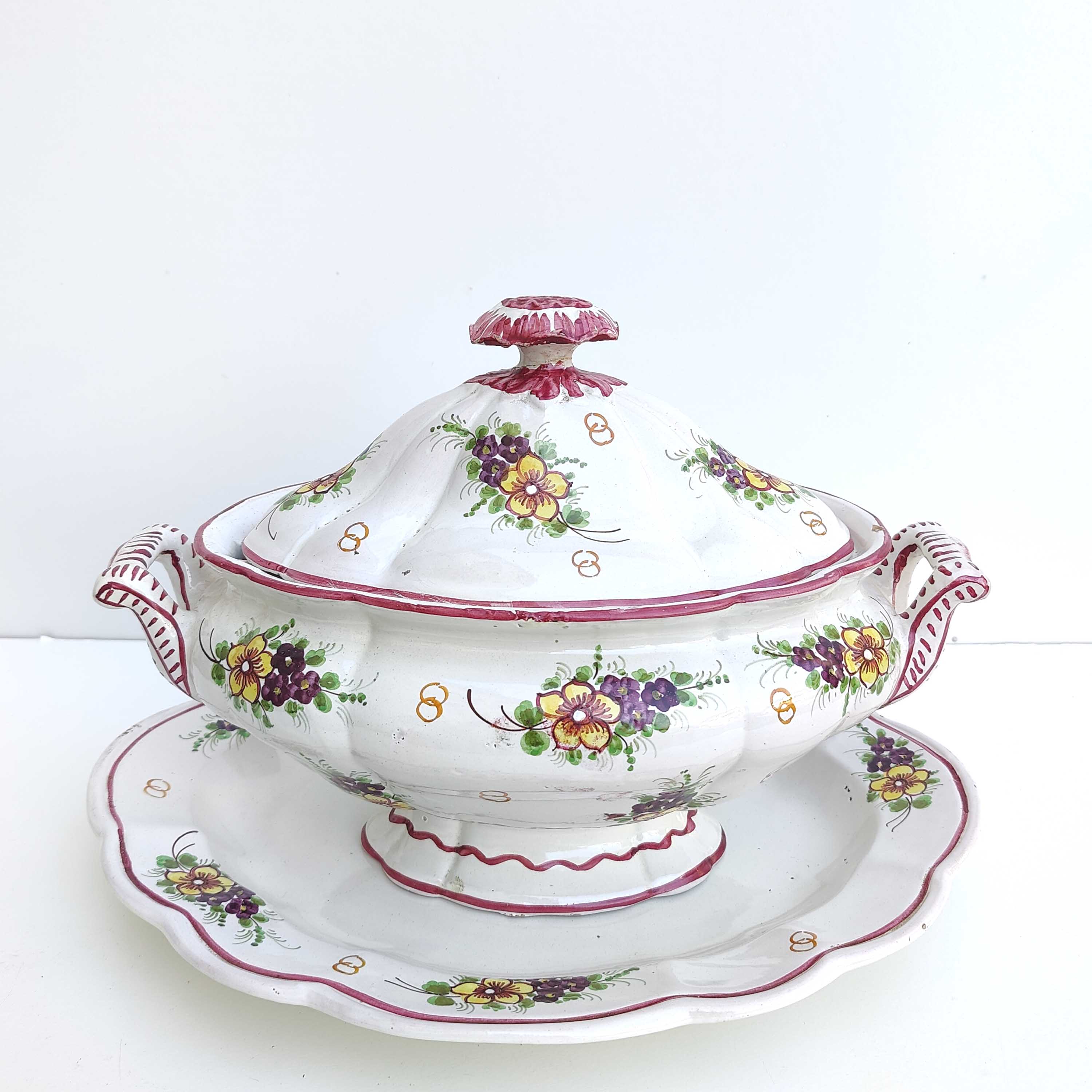 Italian porcelain soup tureen with bird and flower decor