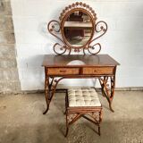 Vintage rattan dressing table with mirror and stool 1970