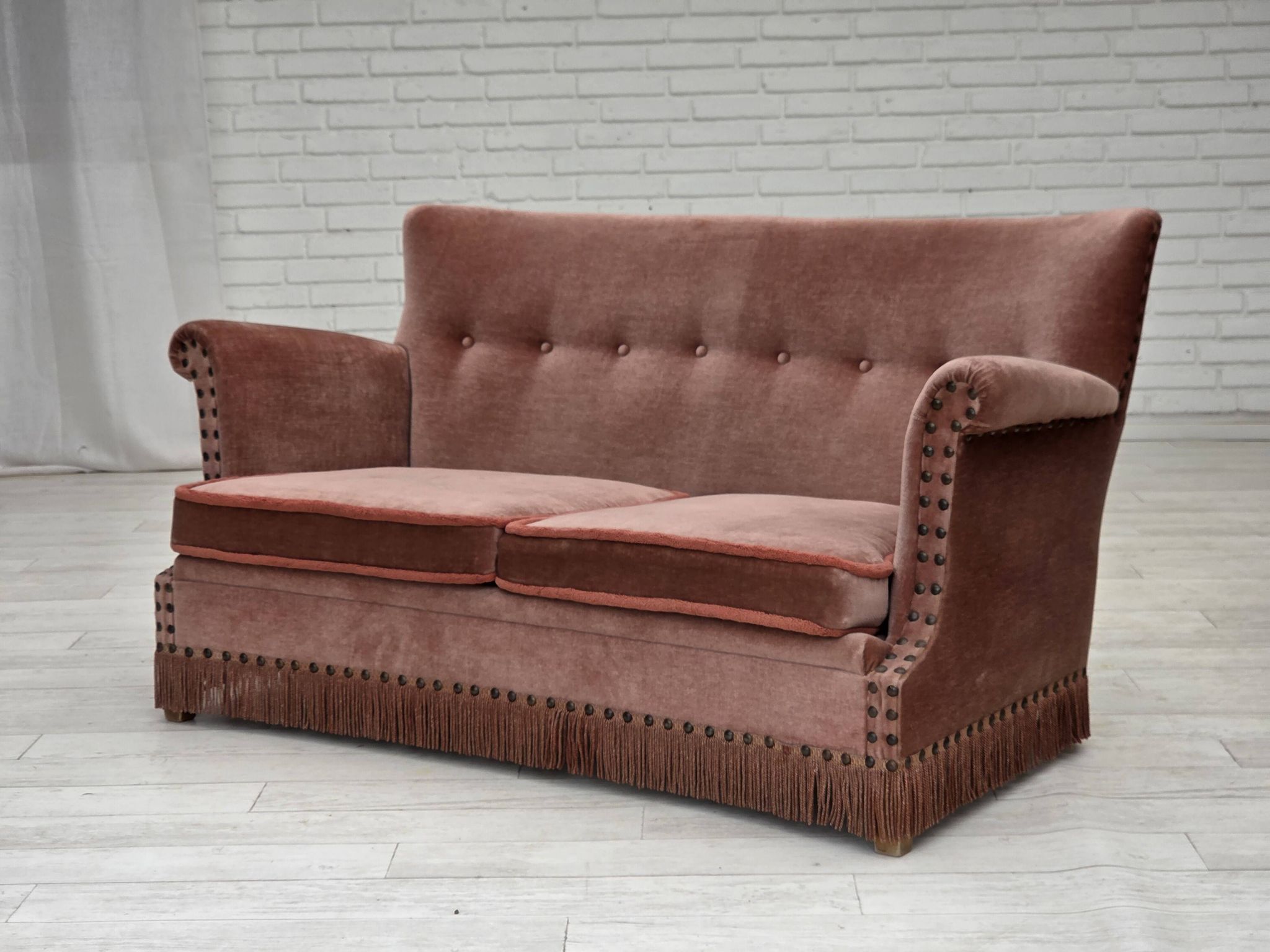 1970s, Danish 2-seater sofa, salmon pink furniture velour, beech wood.