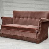 1970s, Danish 2-seater sofa, salmon pink furniture velour, beech wood.