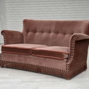 1970s, Danish 2-seater sofa, salmon pink furniture velour, beech wood.