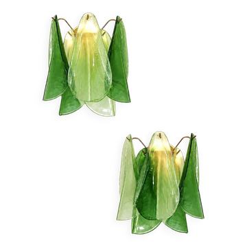 Paire de lampes contemporaines modernes en verre de Murano "Rondini" vert clair et foncé sablées.