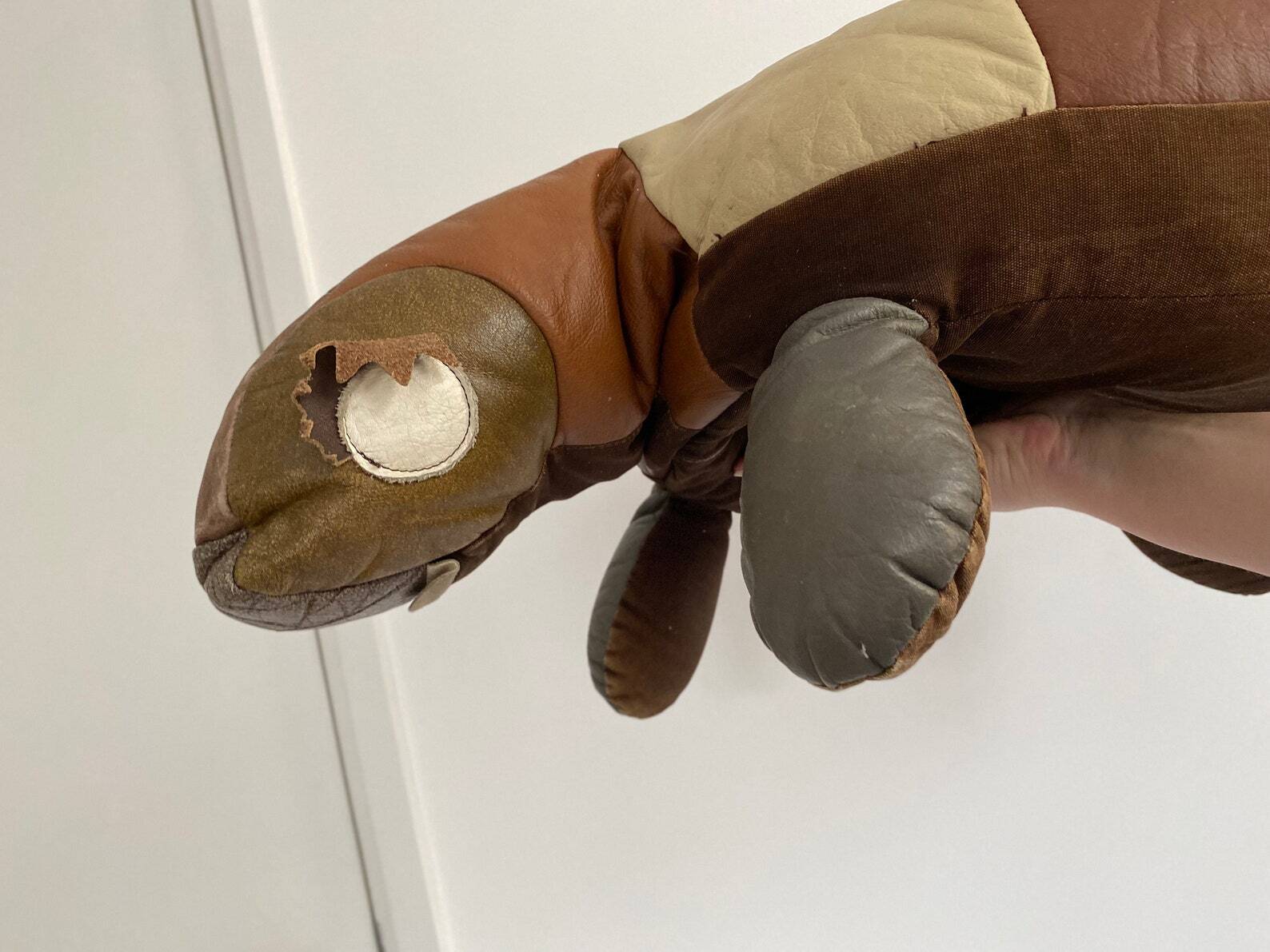 Large vintage leather patchwork turtle cushion / poof, stuffed leather animal, 1970s