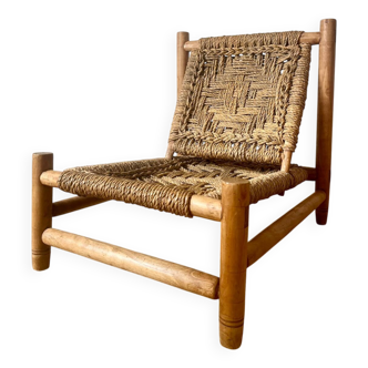 Fauteuil bas en bois et corde années 50