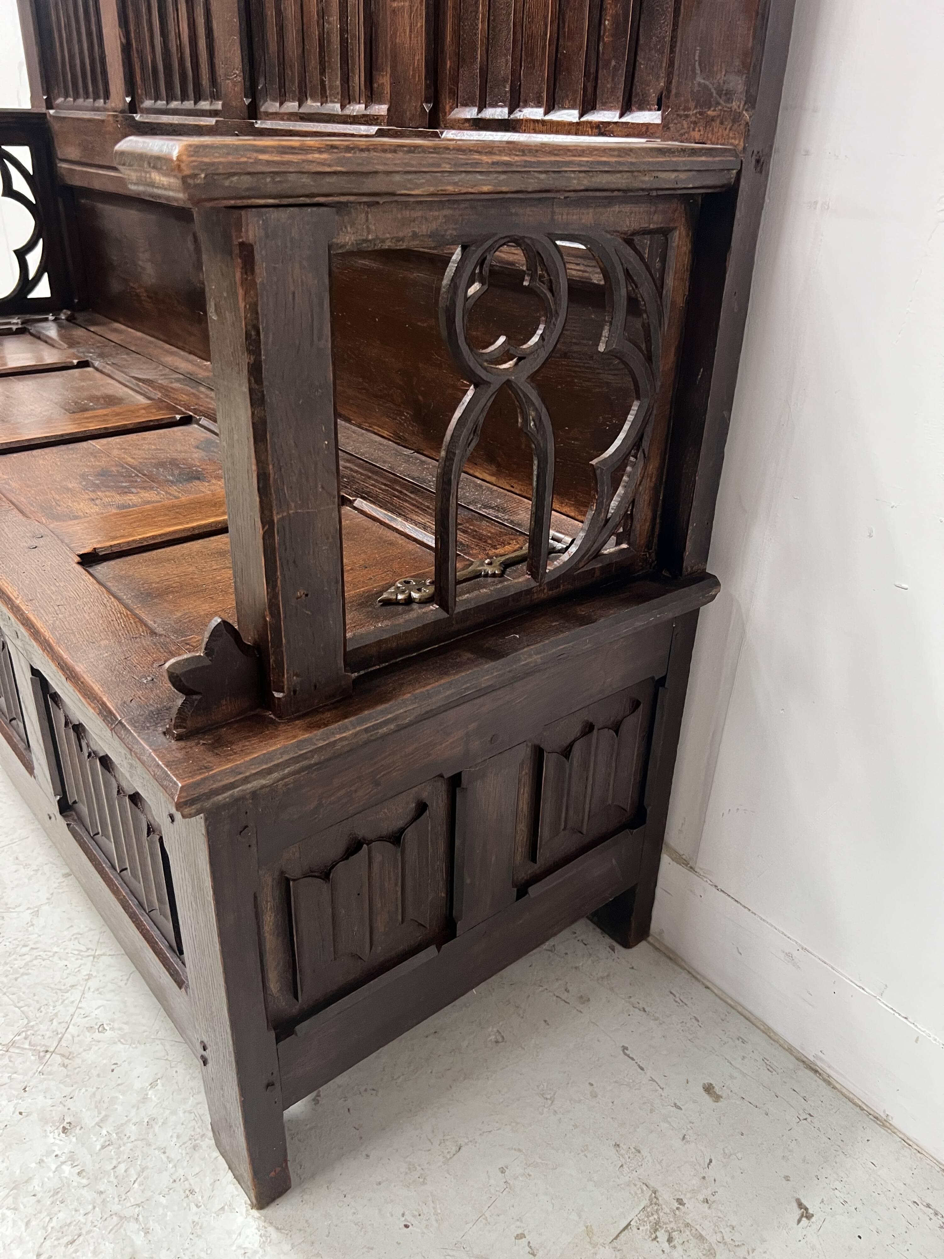 Gothic style carved oak chest bench, 19th century