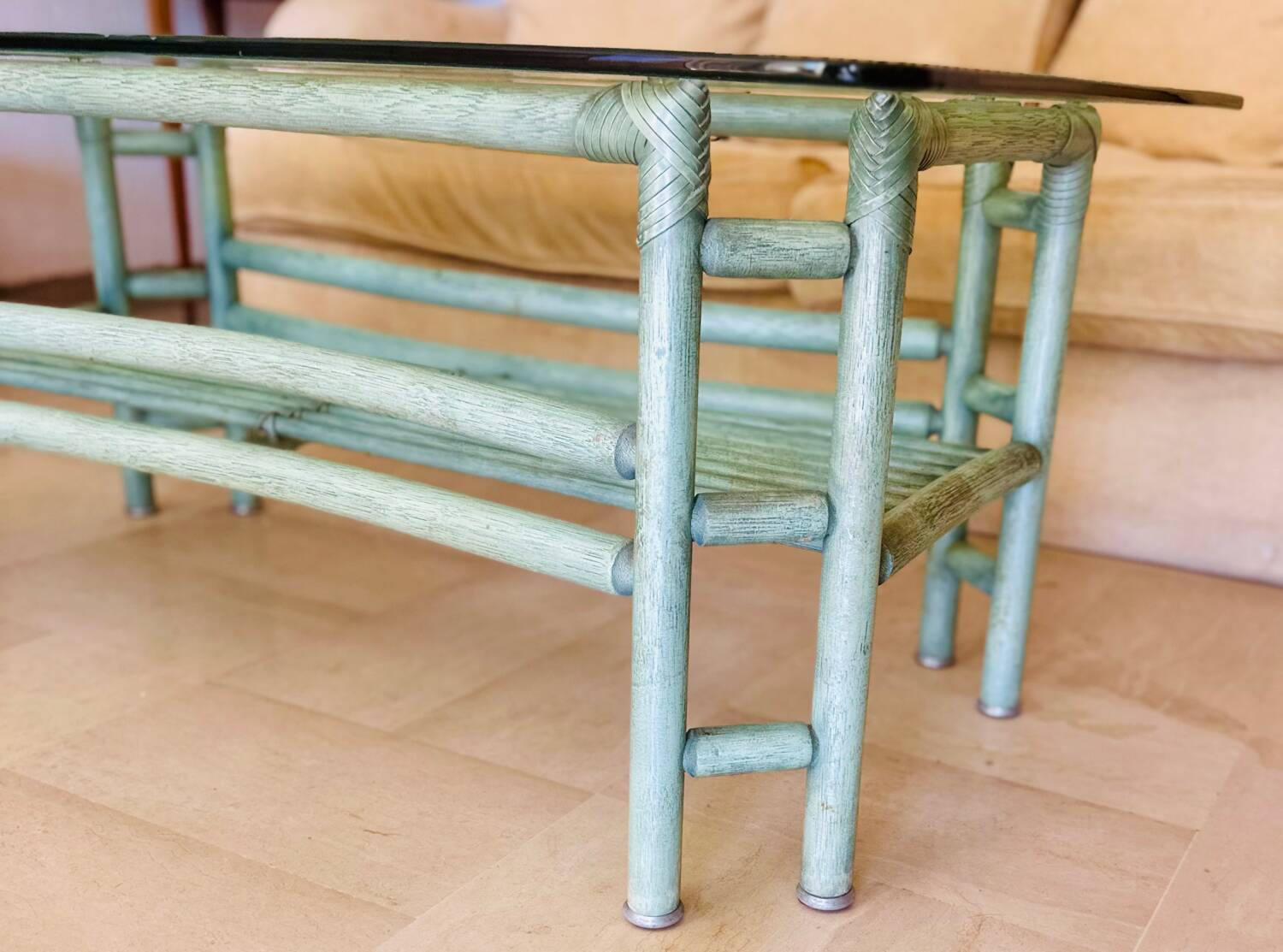 Bamboo and rattan coffee table circa 1980