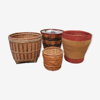 Lot de 4 cache-pots en osier vintage