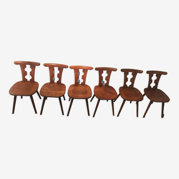 Lot de 6 chaises auberge mid-century pieds compas et dossier ouvragé