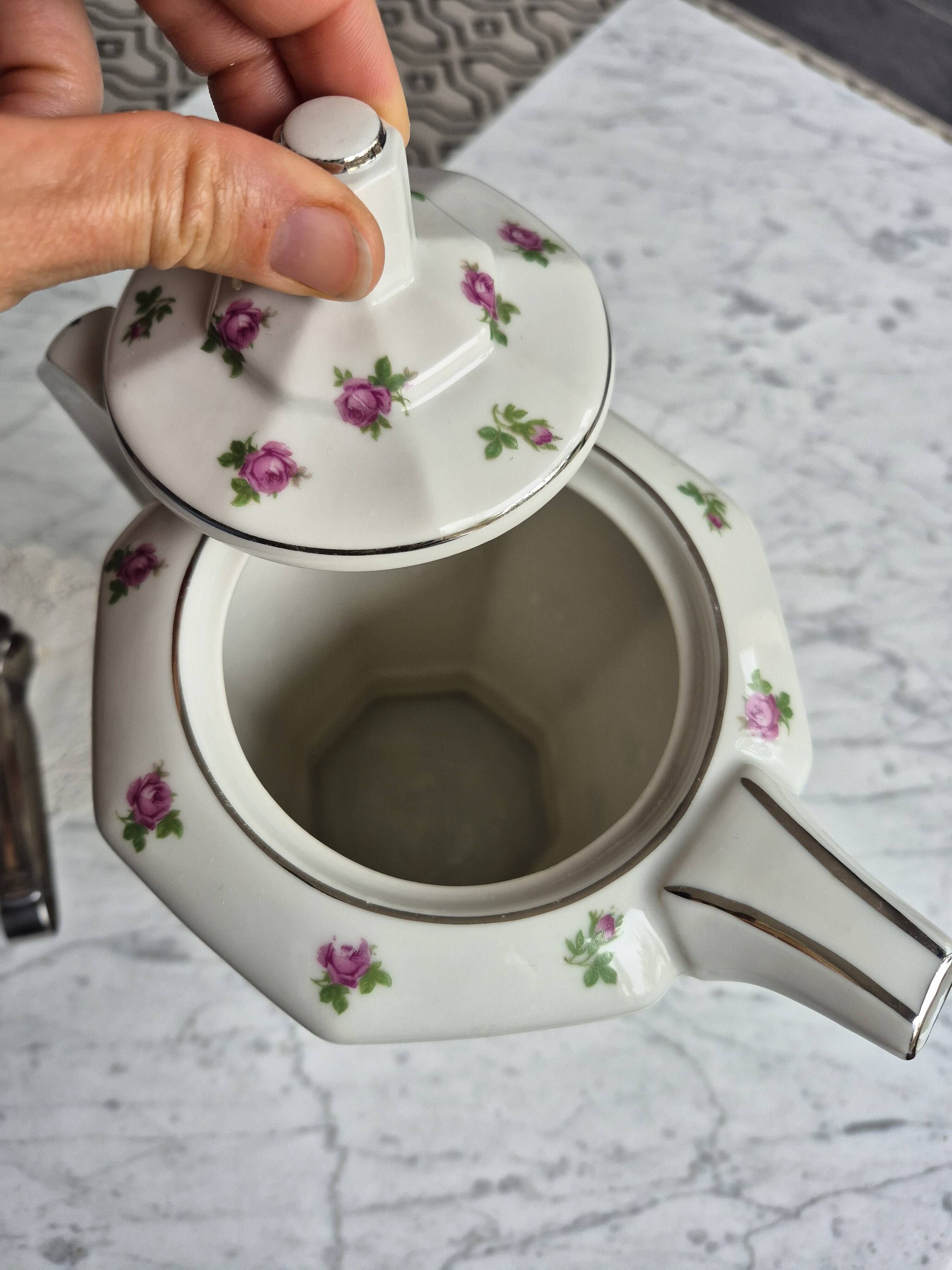 Limoges porcelain coffee pot B&D Roses & silver trim