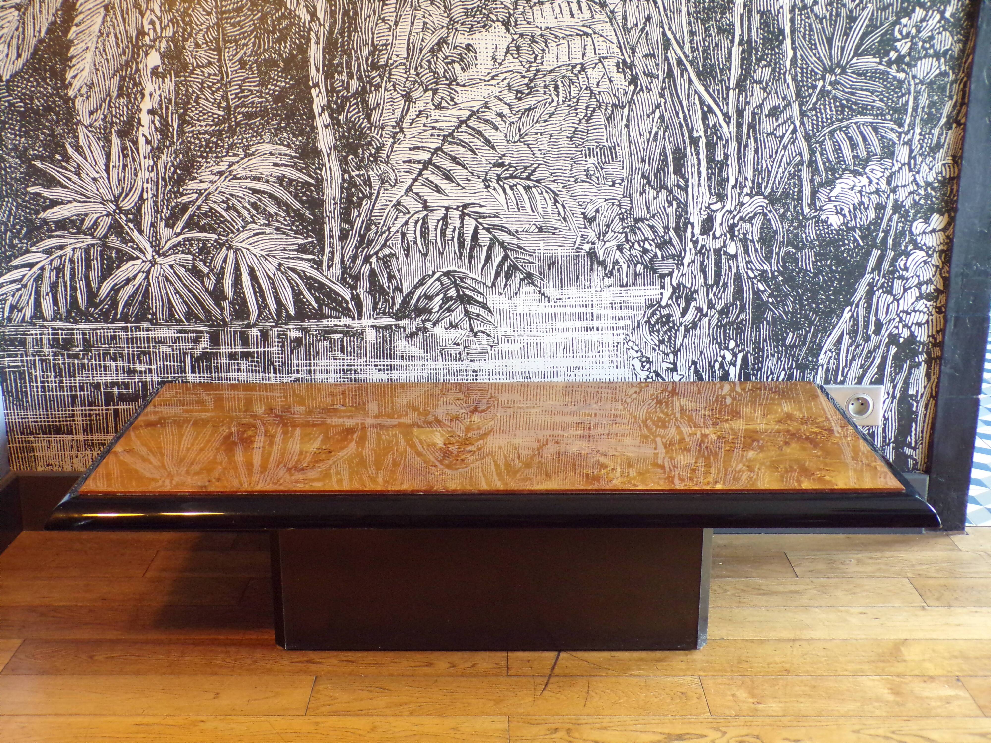 1970 coffee table in elm burl and lacquer